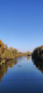 Scenic view of lake against clear blue sky