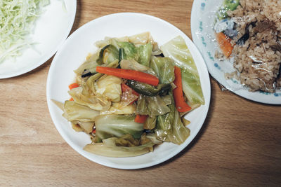 High angle view of meal served on table