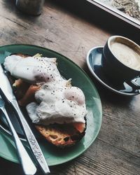 Close-up of fried eggs and breads with cup of coffee