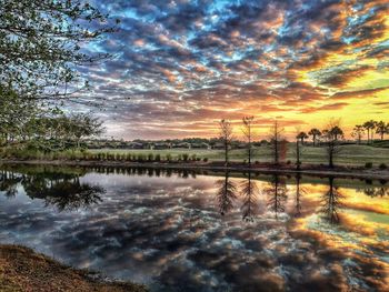 Scenic view of lake against cloudy sky