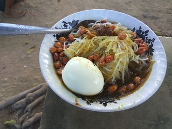 High angle view of breakfast served on table