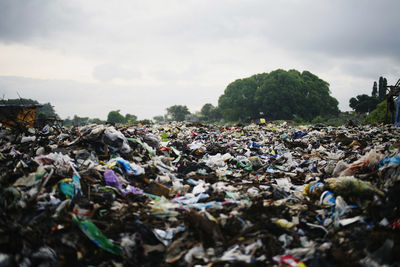 Garbage in park against sky