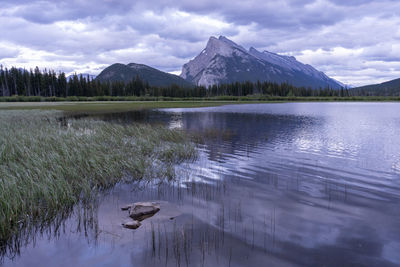 Scenic view of lake by mountains against sky