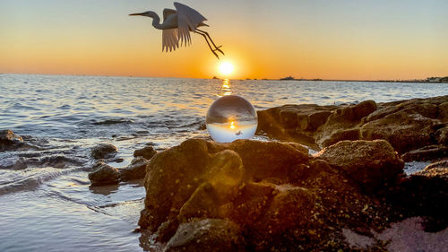 Scenic view of rocks on beach against sky during sunset