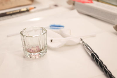 Close-up of dental equipment on table