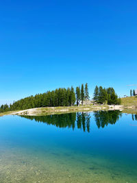 Scenic view of lake against clear blue sky