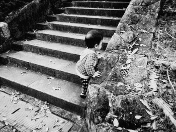 Rear view of boy on staircase