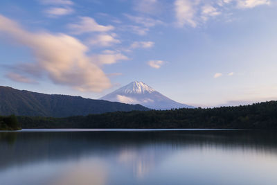 View of mount fuji at sunset on a peaceful afternoon from lake saiko, yamanashi prefecture, japan