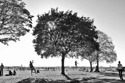 People walking on beach against clear sky