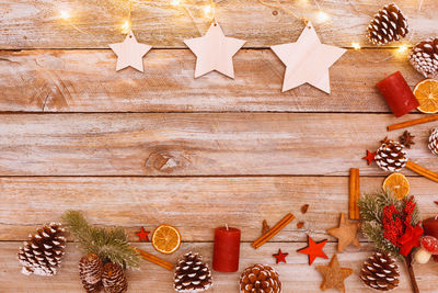 Directly above shot of christmas decorations on table