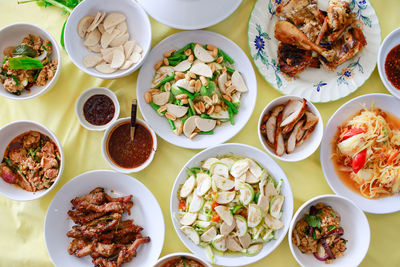High angle view of food served on table