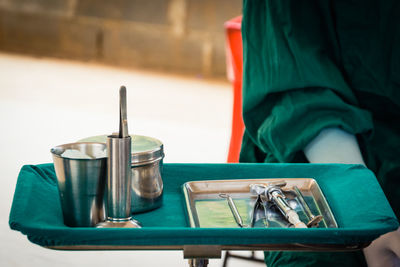 High angle view of dental equipment in tray