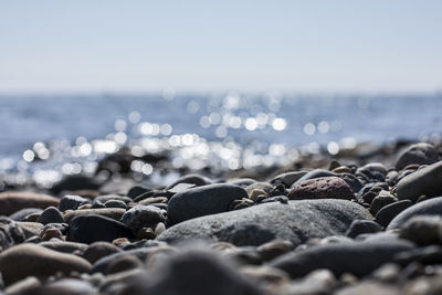 Surface level of stones on beach against sky