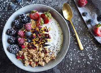 High angle view of breakfast served on table