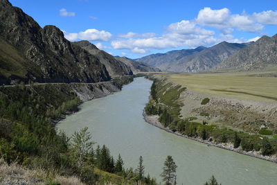 Scenic view of river amidst mountains against sky