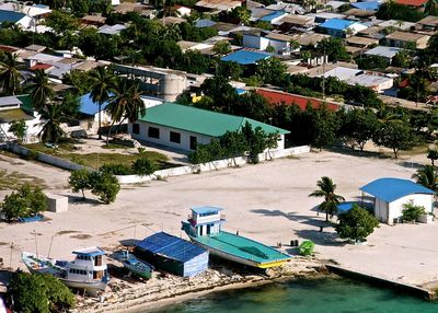 High angle view of houses in town