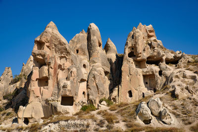 Rock formations against clear blue sky