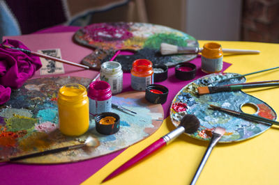 Colorful painting tools on the table