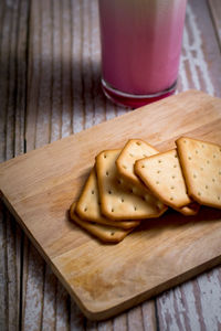 High angle view of bread in container on cutting board