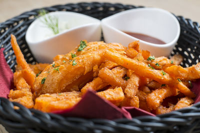 Close-up of food served on table