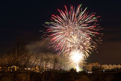 Low angle view of firework display at night