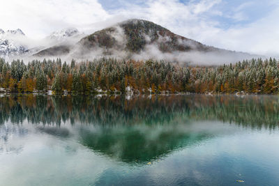 Scenic view of lake by trees against sky