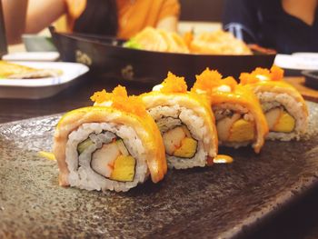 Close-up of sushi served in plate