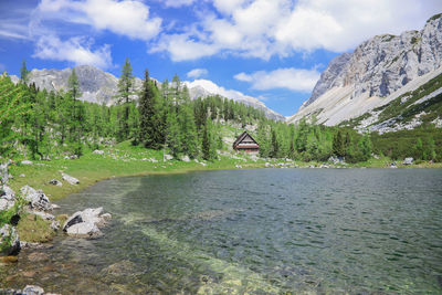 Scenic view of lake and mountains against sky