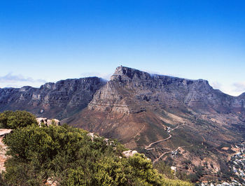 Scenic view of mountains against clear blue sky