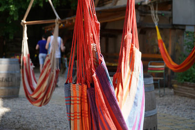 Hammocks hanging at outdoors restaurant