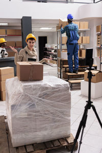 Side view of man working at home