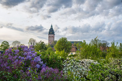 View of flowering plants and buildings against cloudy sky