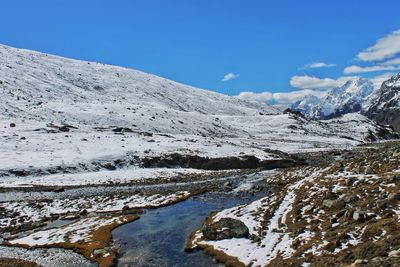 Scenic view of snowcapped mountains against sky