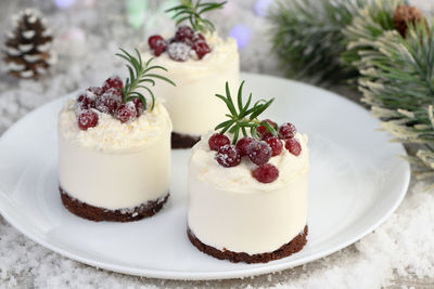 Mousse cakes with coconut cream and greek yogurt over chocolate cake are the perfect dessert 