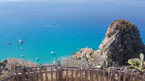 High angle view of beach against blue sky