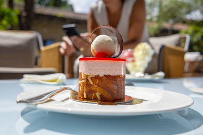 Close-up of dessert served in plate on table