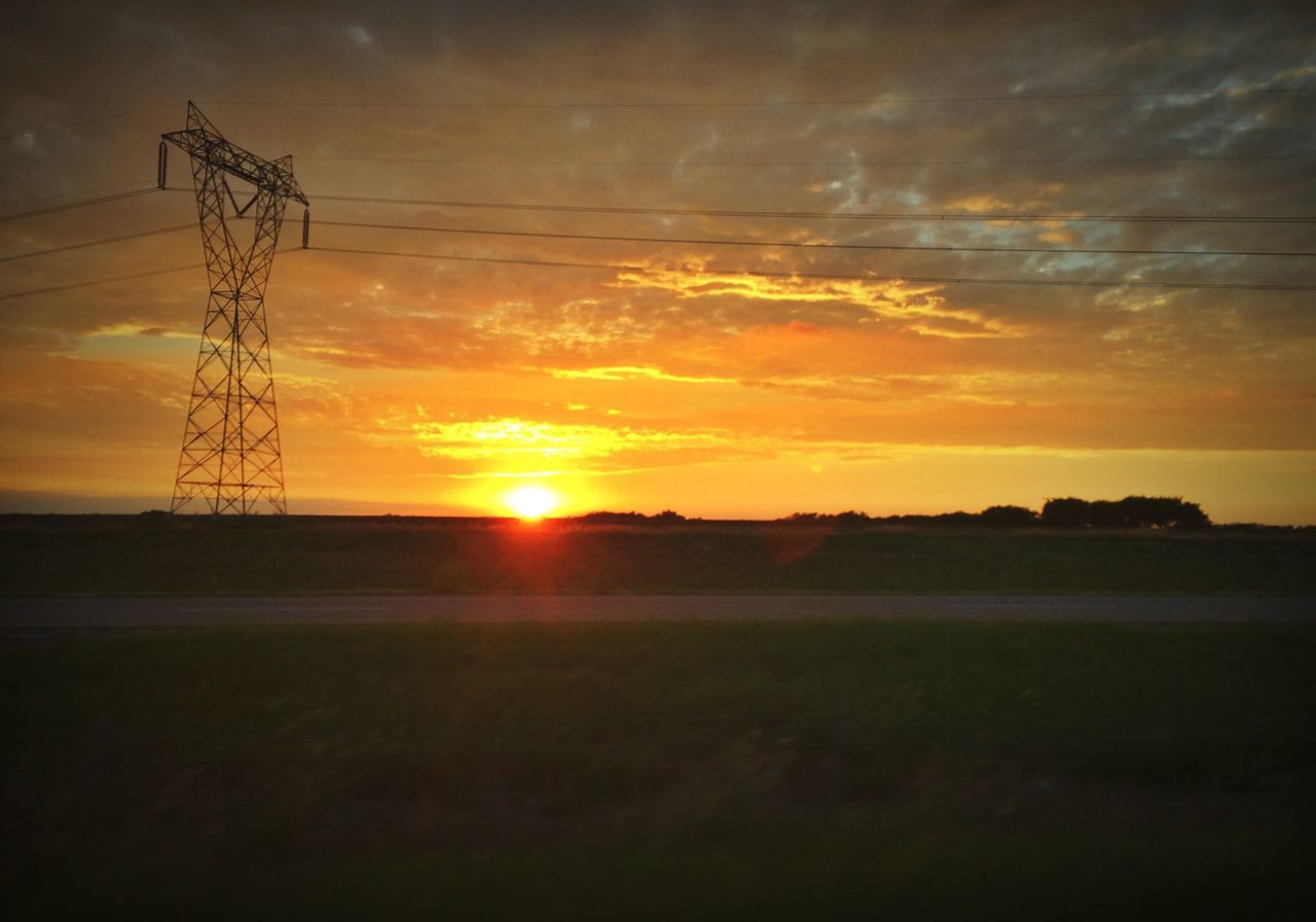 sunset, sun, orange color, sky, scenics, tranquil scene, silhouette, tranquility, power line, electricity pylon, beauty in nature, landscape, nature, idyllic, electricity, power supply, cloud - sky, sunlight, field, fuel and power generation