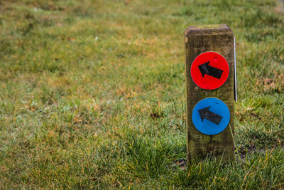 Close-up of arrow signs against grass