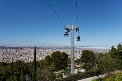 Scenic view of mountains against clear sky with cable car