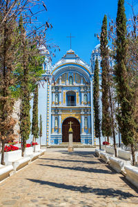 Low angle view of cathedral against clear blue sky