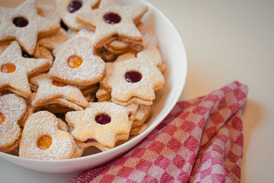 Close-up of cookies in bowl on table