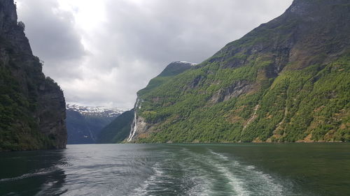 Scenic view of lake against cloudy sky