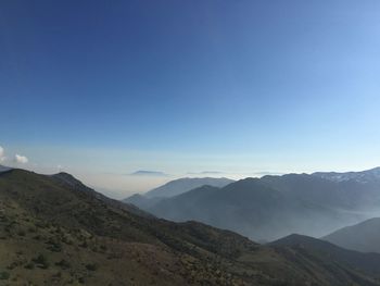 Scenic view of mountains against clear blue sky