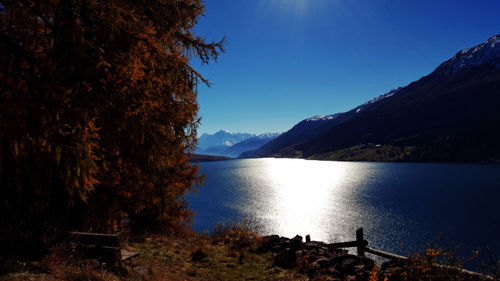 Scenic view of lake and mountains against sky