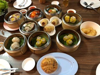 High angle view of meal served on table