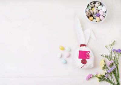 High angle view of multi colored candies on table