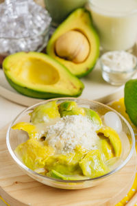 High angle view of food in plate on table