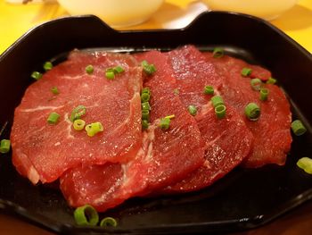 High angle view of meat in plate
