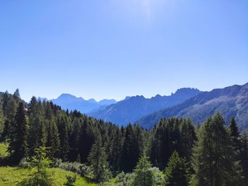 Scenic view of mountains against clear blue sky