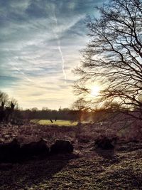 Sun shining through clouds over landscape